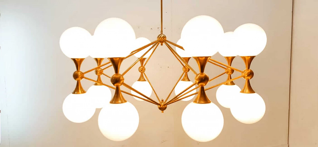 Brass chandelier 16 lights with spherical glass, 1960s 4