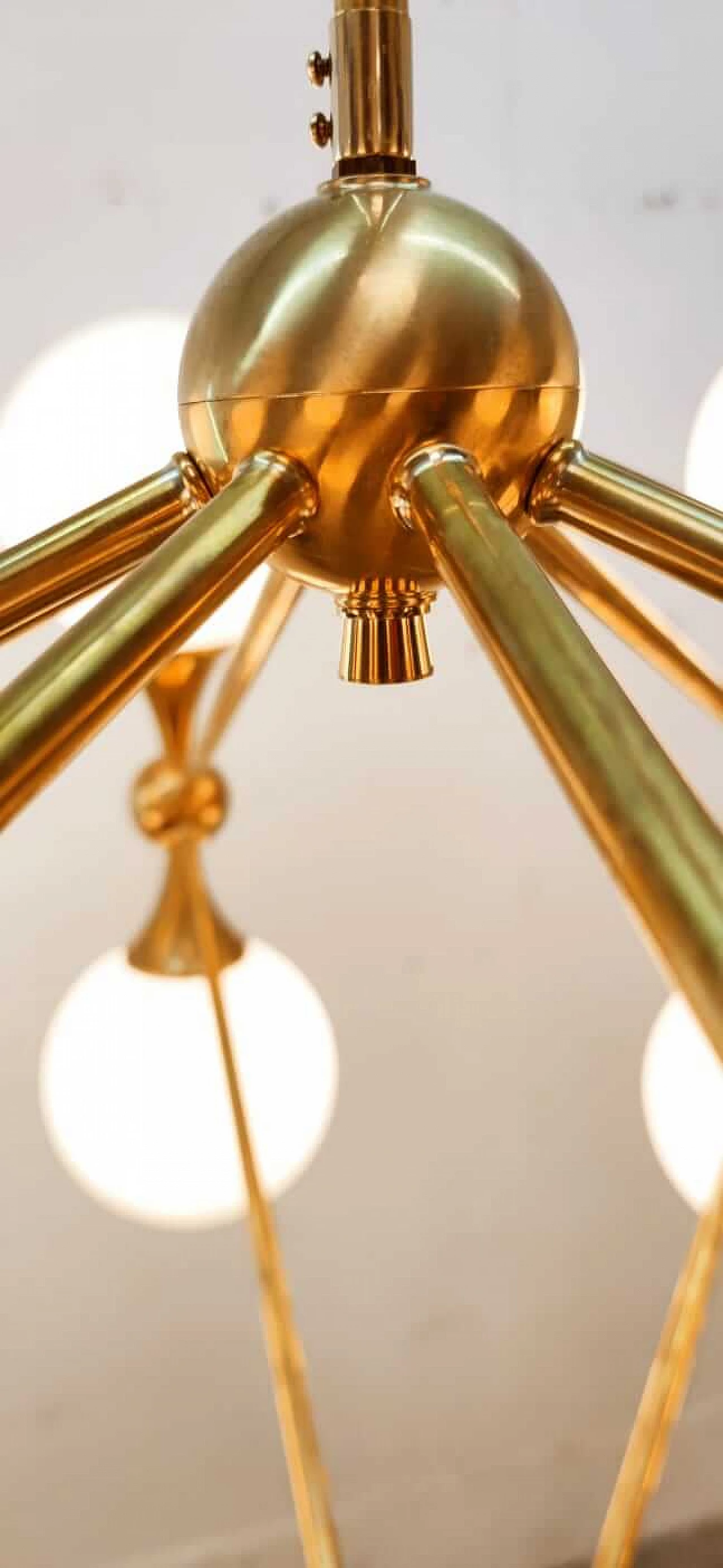 Brass chandelier 16 lights with spherical glass, 1960s 5