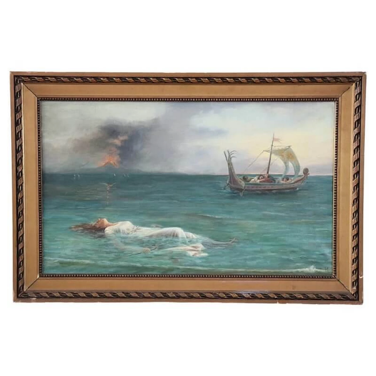 Dipinto raffigurante una donna in mare, olio su tela, firmato 1
