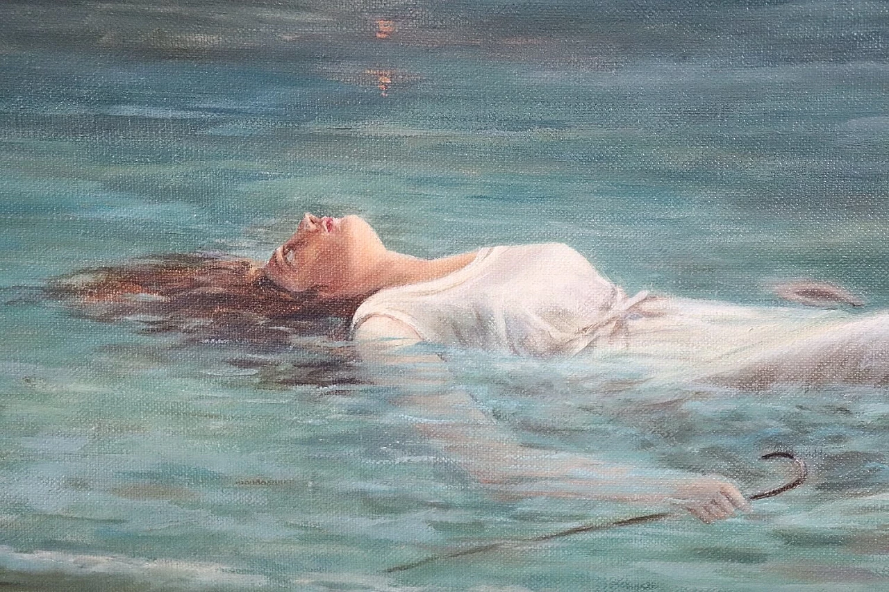 Dipinto raffigurante una donna in mare, olio su tela, firmato 4