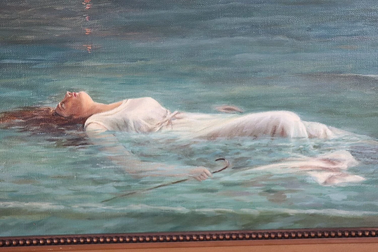Dipinto raffigurante una donna in mare, olio su tela, firmato 8