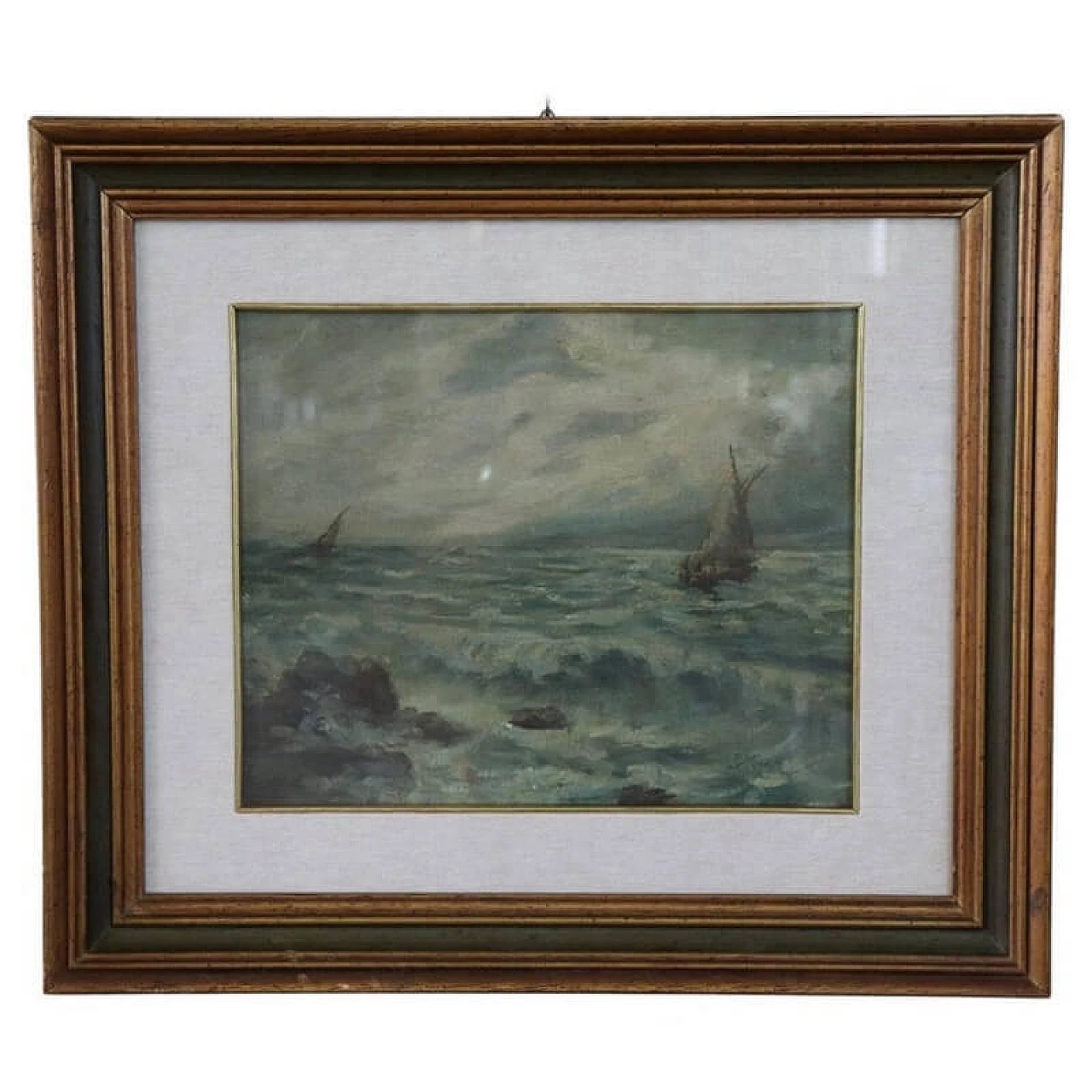 P. Sacchetto, Stormy sea with boats, oil on masonite, 1946 1