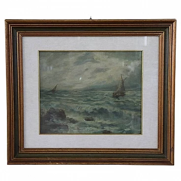 P. Sacchetto, Mare in tempesta con barche, olio su masonite, 1946
