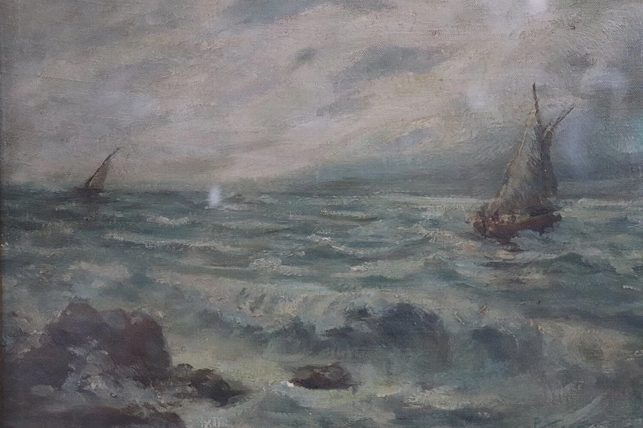 P. Sacchetto, Stormy sea with boats, oil on masonite, 1946 2