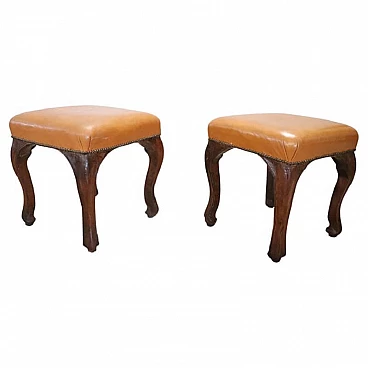 Pair of Louis XV stools in walnut and leather, 18th century