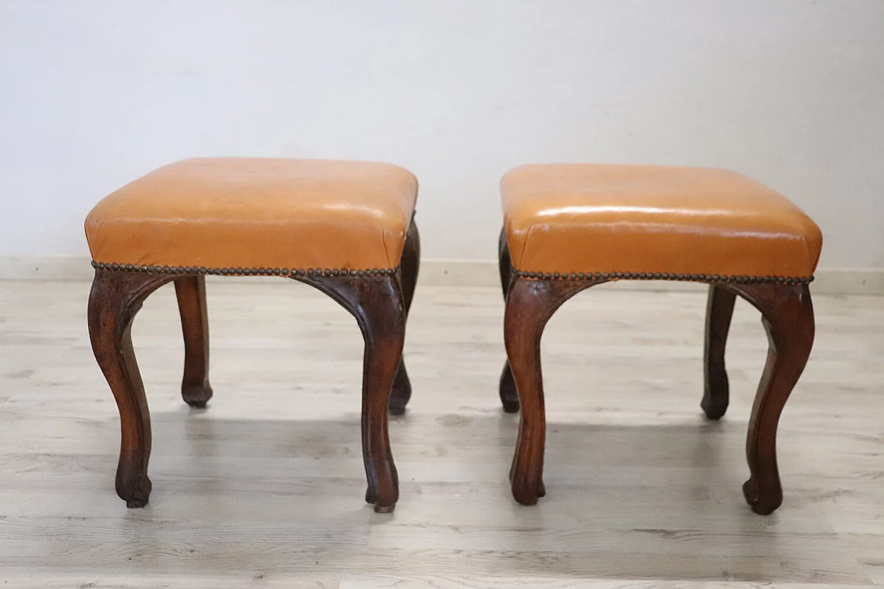 Pair of Louis XV stools in walnut and leather, 18th century 2
