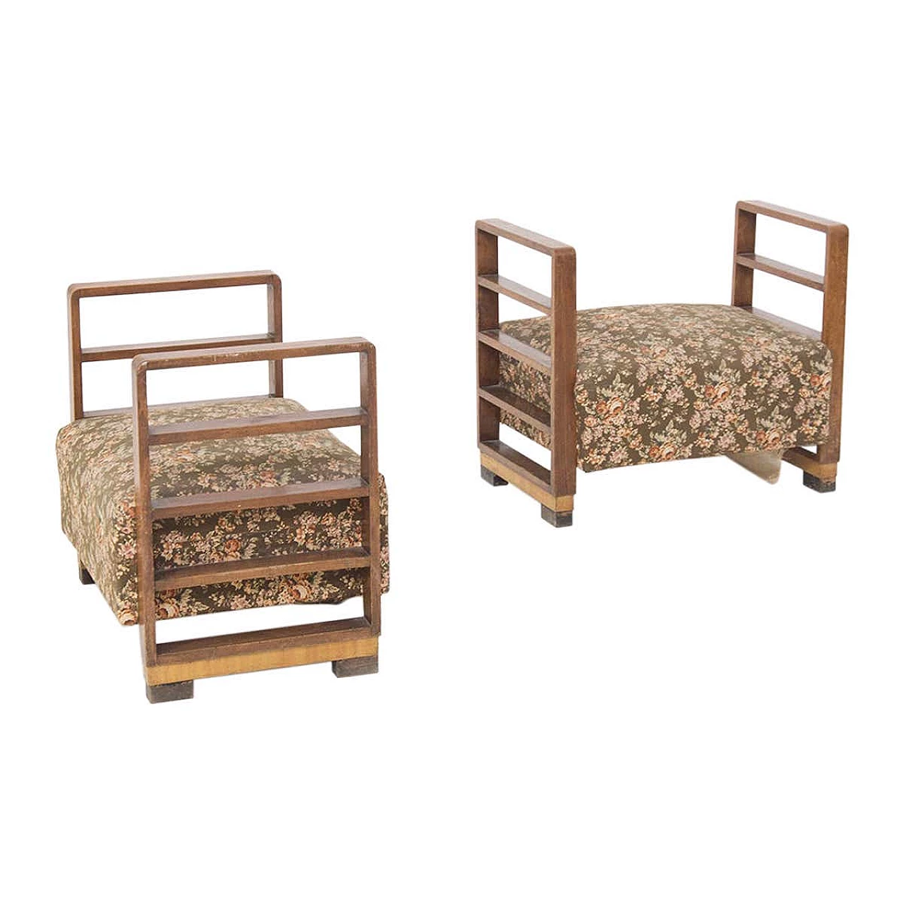 Coppia di pouf in legno e tessuto floreale Art Déco di Paolo Buffa per Serafino Arrighi, anni '30 1