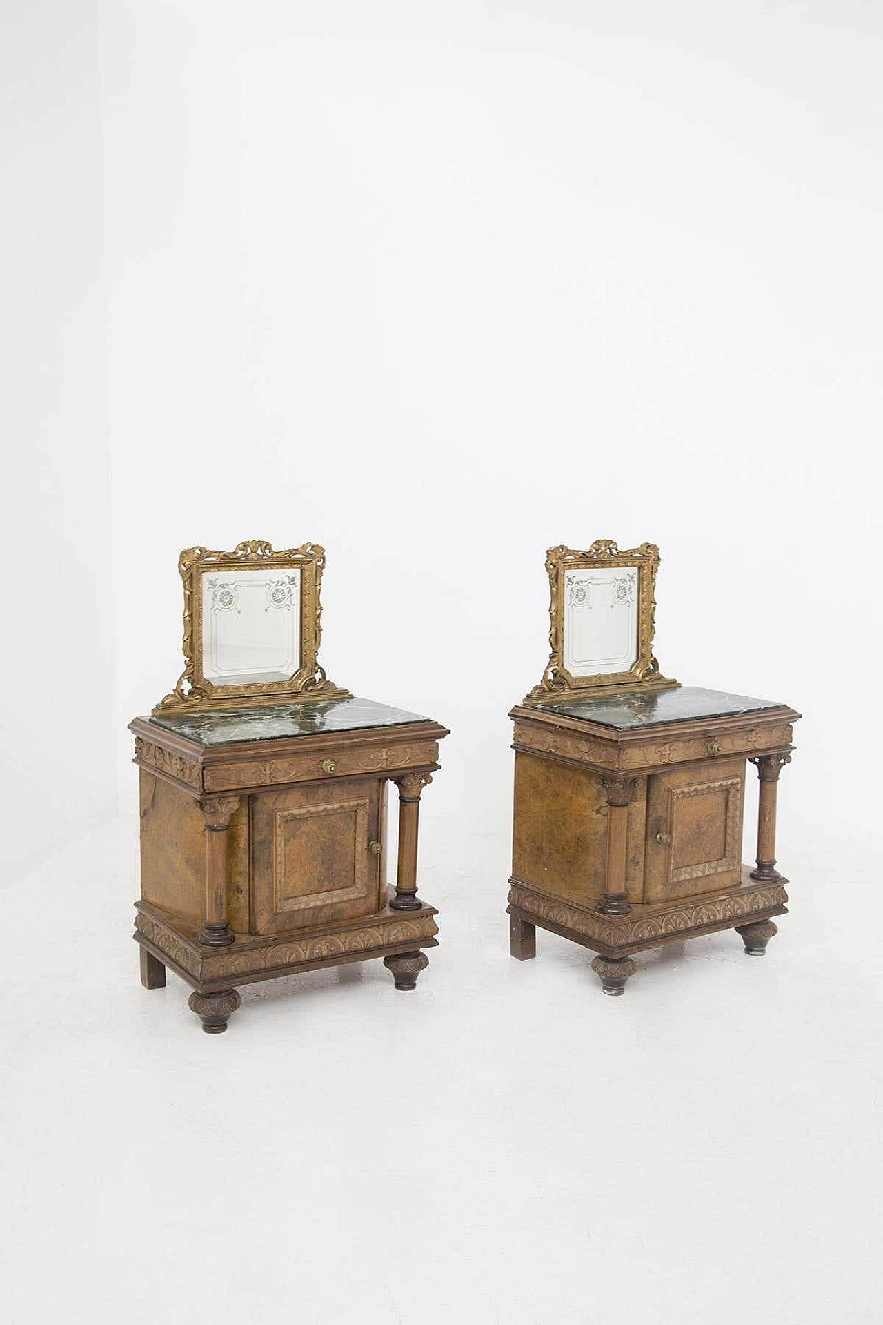 Pair of bedside tables in wood and green Alpine marble with mirror, early 20th century 1