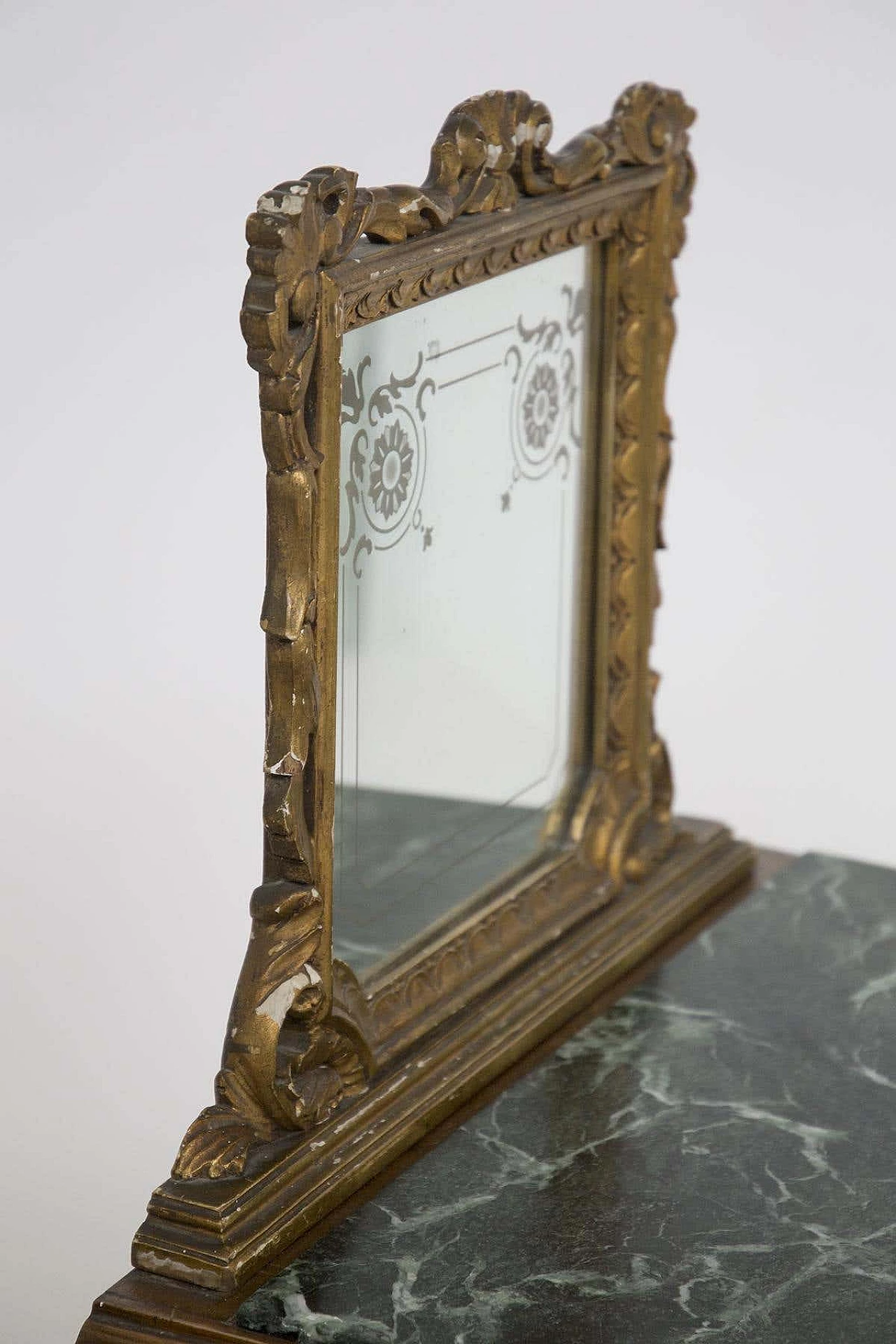 Pair of bedside tables in wood and green Alpine marble with mirror, early 20th century 3