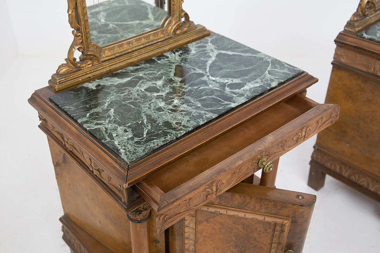 Pair of bedside tables in wood and green Alpine marble with mirror, early 20th century 5