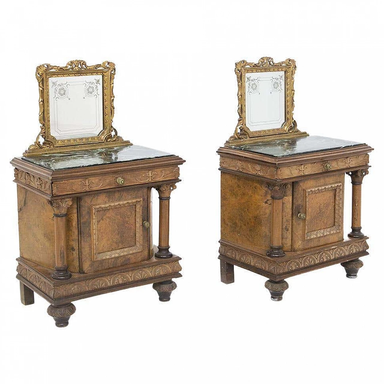 Pair of bedside tables in wood and green Alpine marble with mirror, early 20th century 11