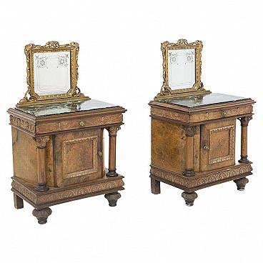 Pair of bedside tables in wood and green Alpine marble with mirror, early 20th century