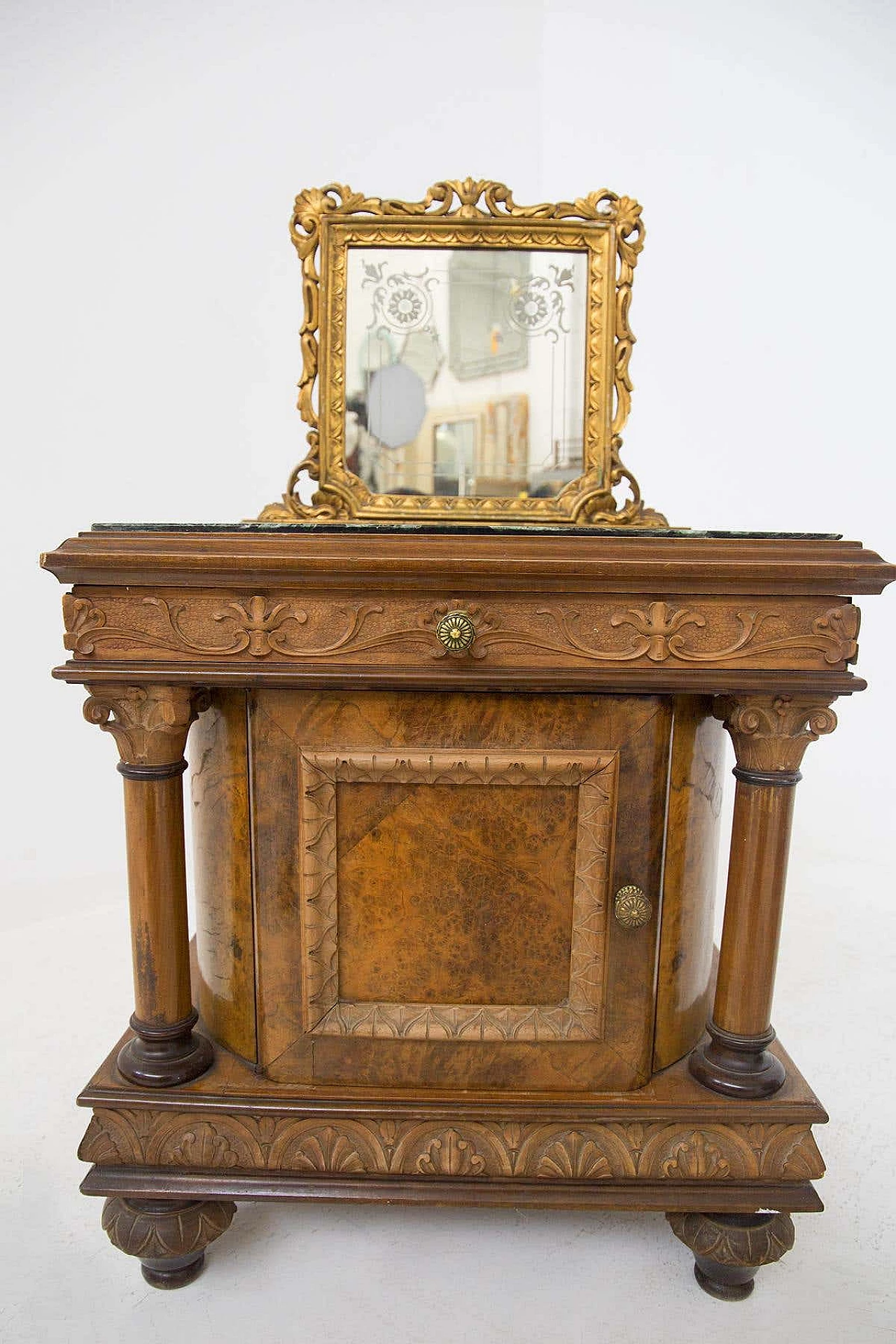 Pair of bedside tables in wood and green Alpine marble with mirror, early 20th century 15