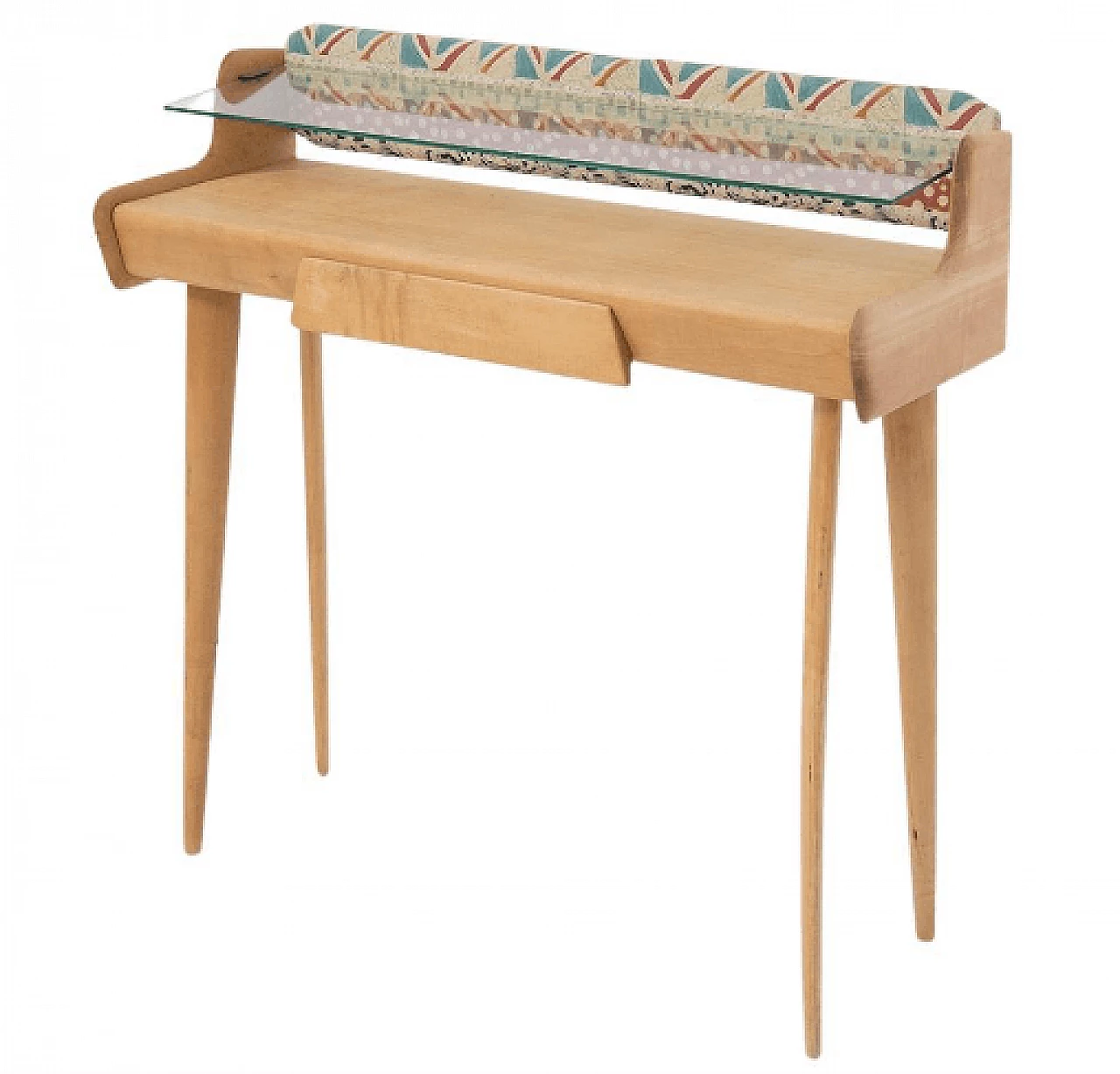 Scrivania in legno con mensola in vetro e pannello dipinto, anni '50 1