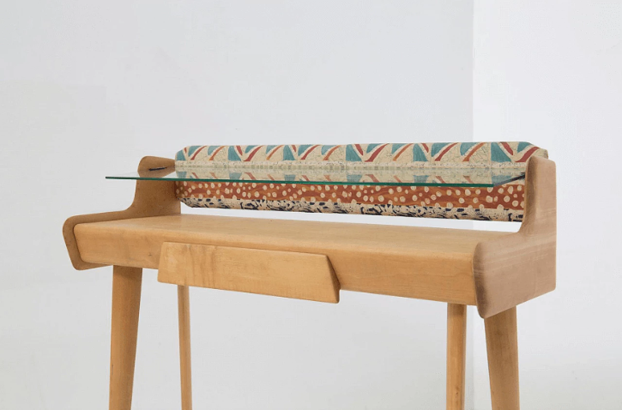 Scrivania in legno con mensola in vetro e pannello dipinto, anni '50 4