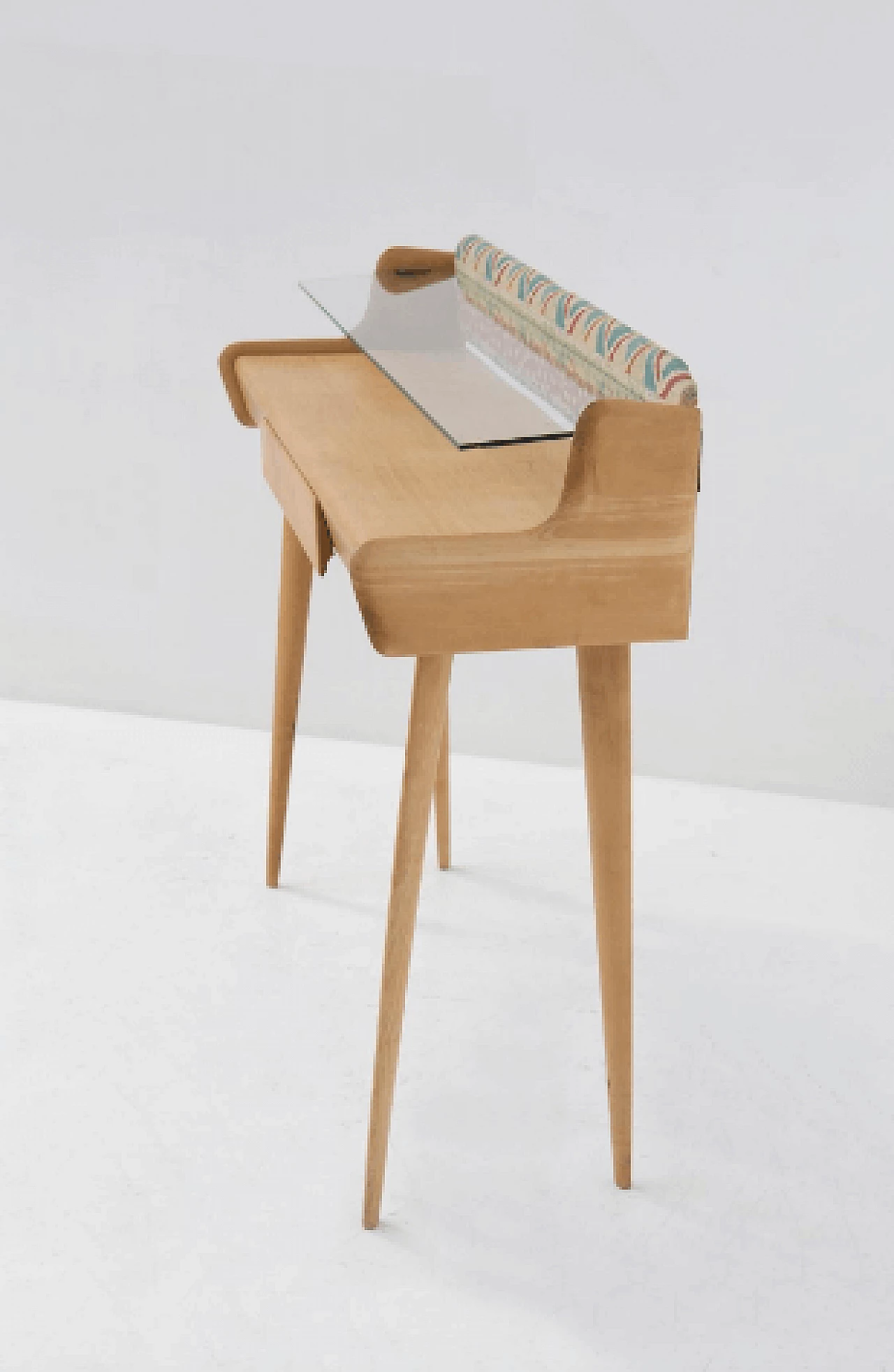 Scrivania in legno con mensola in vetro e pannello dipinto, anni '50 7