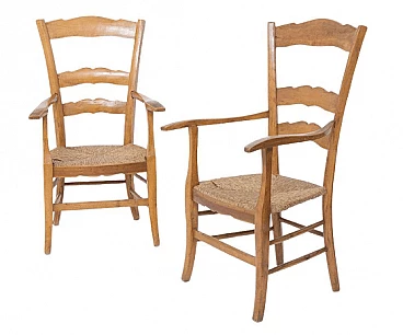 Pair of armchairs in wood and straw attributed to Paolo Buffa, 1940s