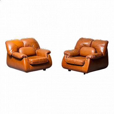 Pair of brown leather armchairs, 1970s