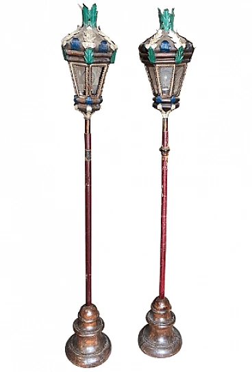 Pair of procession torches in painted wood and iron, mid-19th century