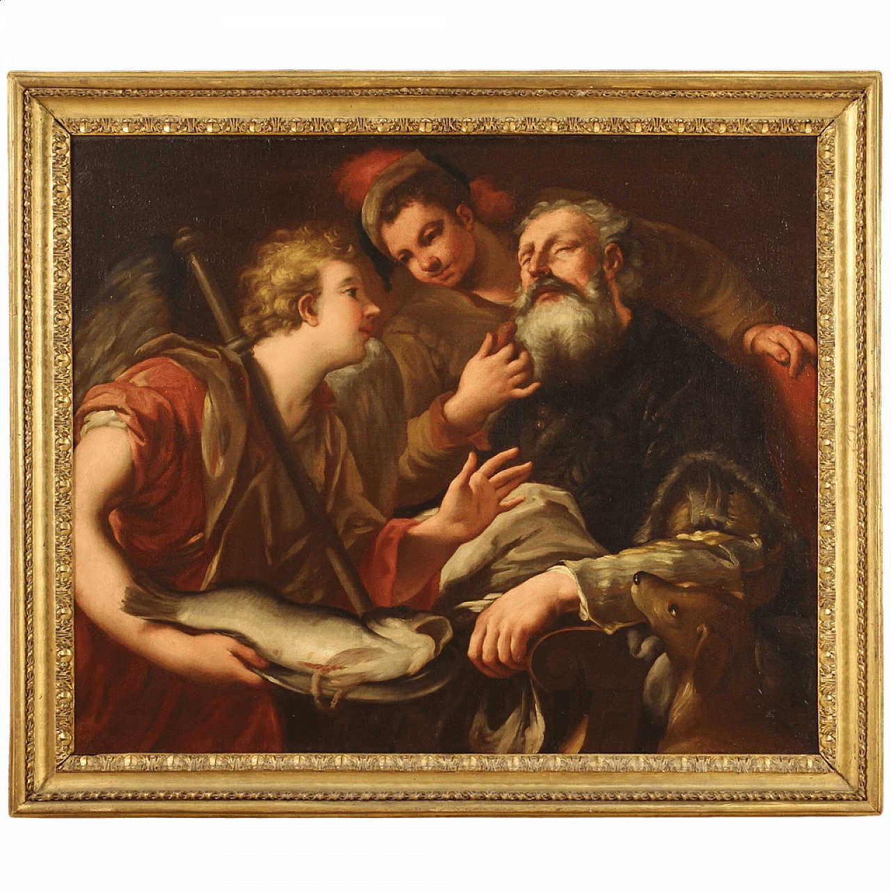 Dipinto italiano raffigurante Tobiolo che ridà la vista al padre Tobia, olio su tela, '600 17