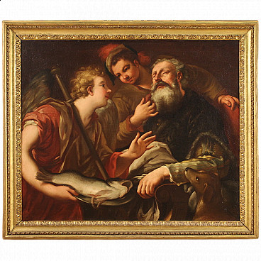Italian painting depicting Tobiolo restoring sight to his father Tobias, oil on canvas, 17th century