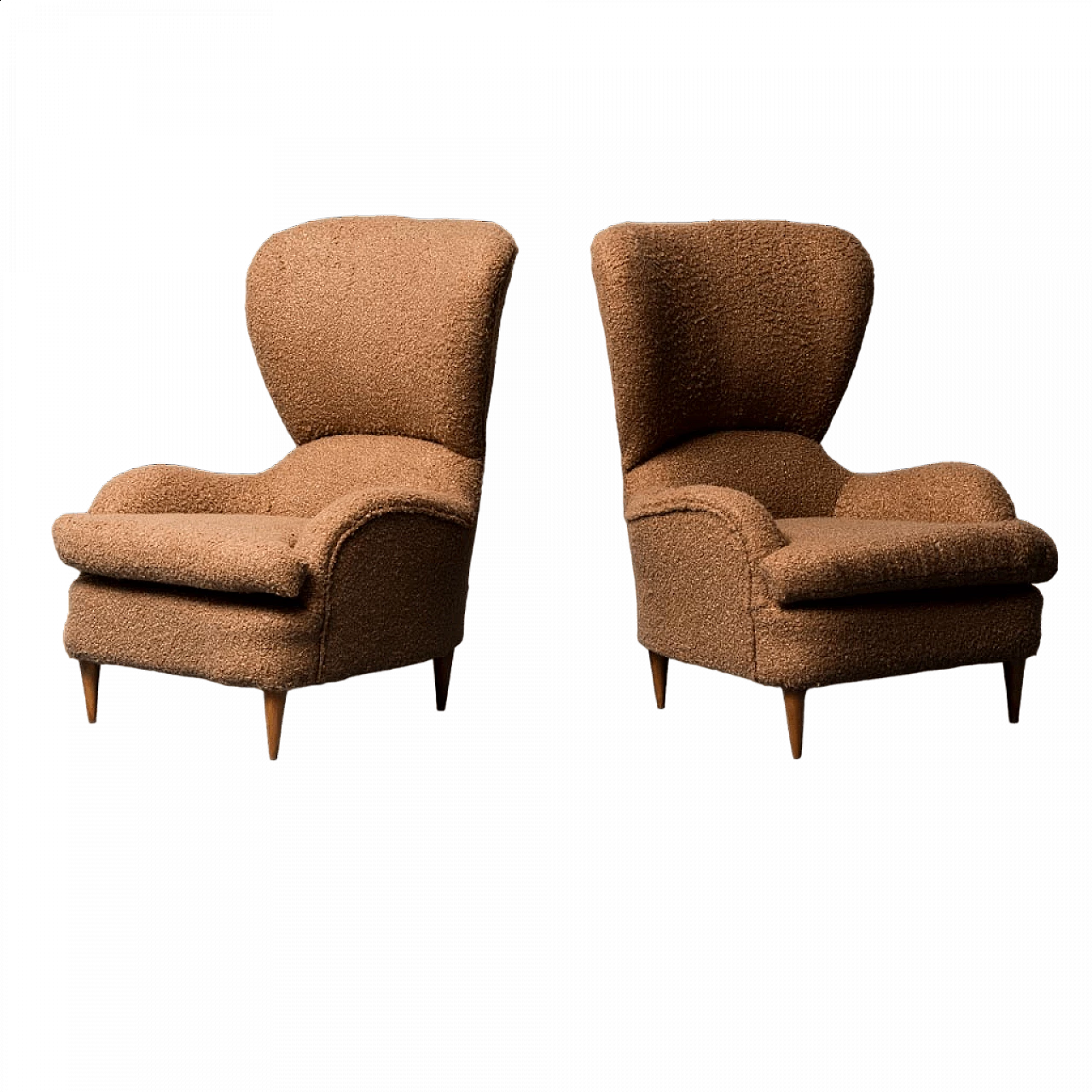 Pair of brown bouclè armchairs, 1950s 11
