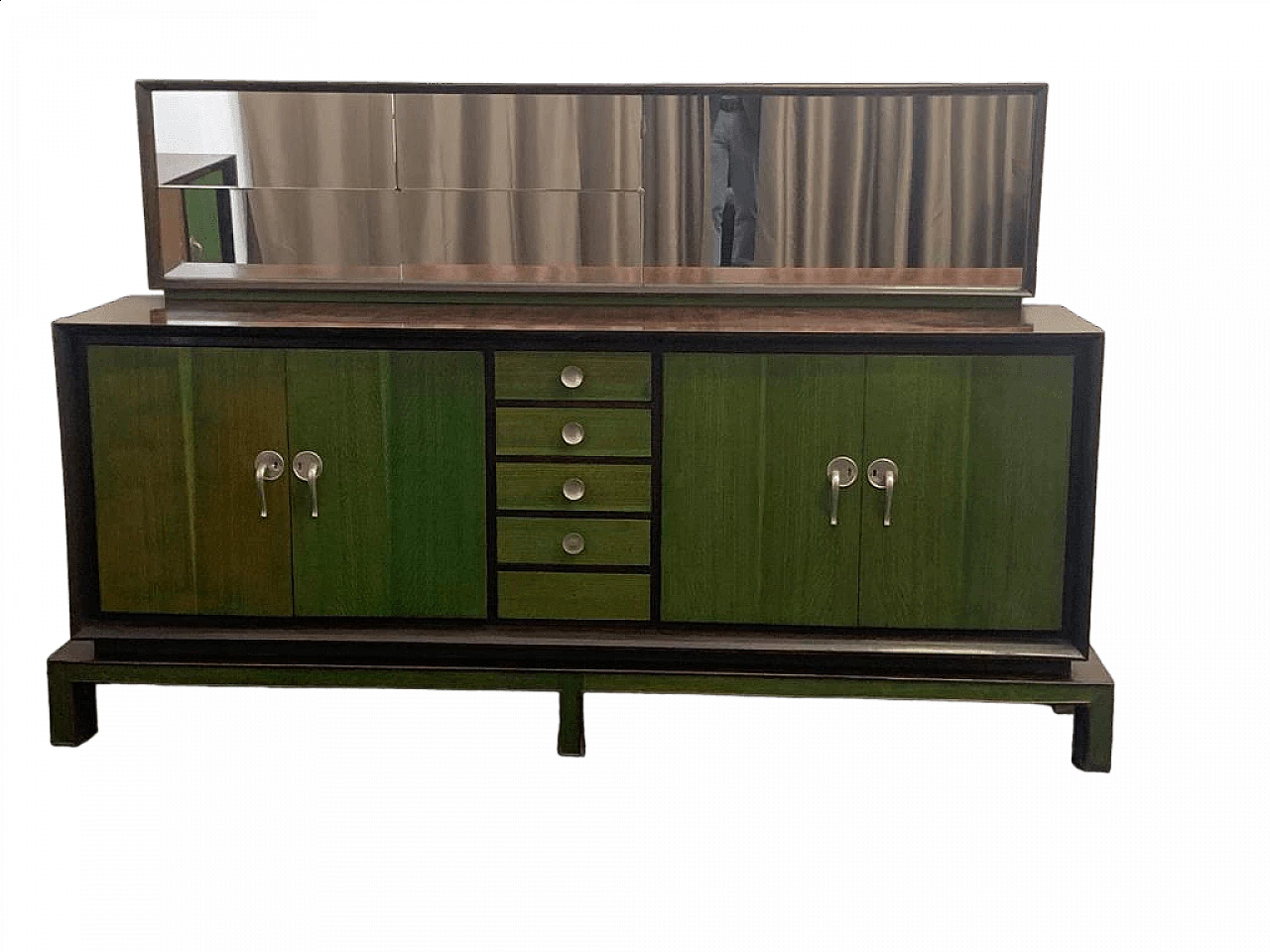Credenza con specchio in legno con manici in anilina verde, anni '40 16