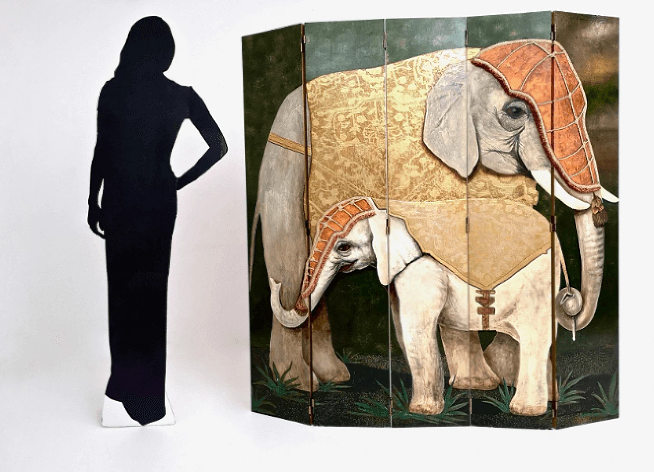 Paravento con elefanti e dettagli in tessuto di Doro, anni '80 2