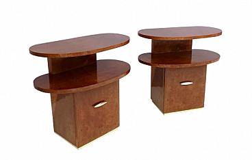 Pair of Art Deco wood bedside tables with double shelf, 1940s