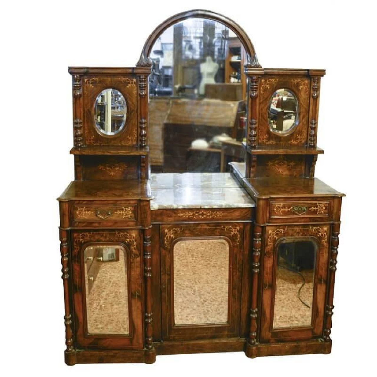 Inlaid walnut sideboard with mirror and marble top, mid-19th century 1