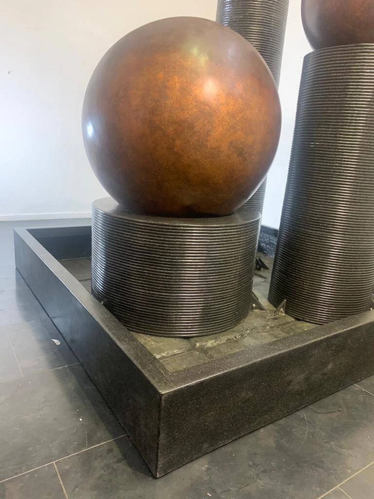 Fibreglass fountain with rotating copper spheres by Ravi Shing, 1990 3