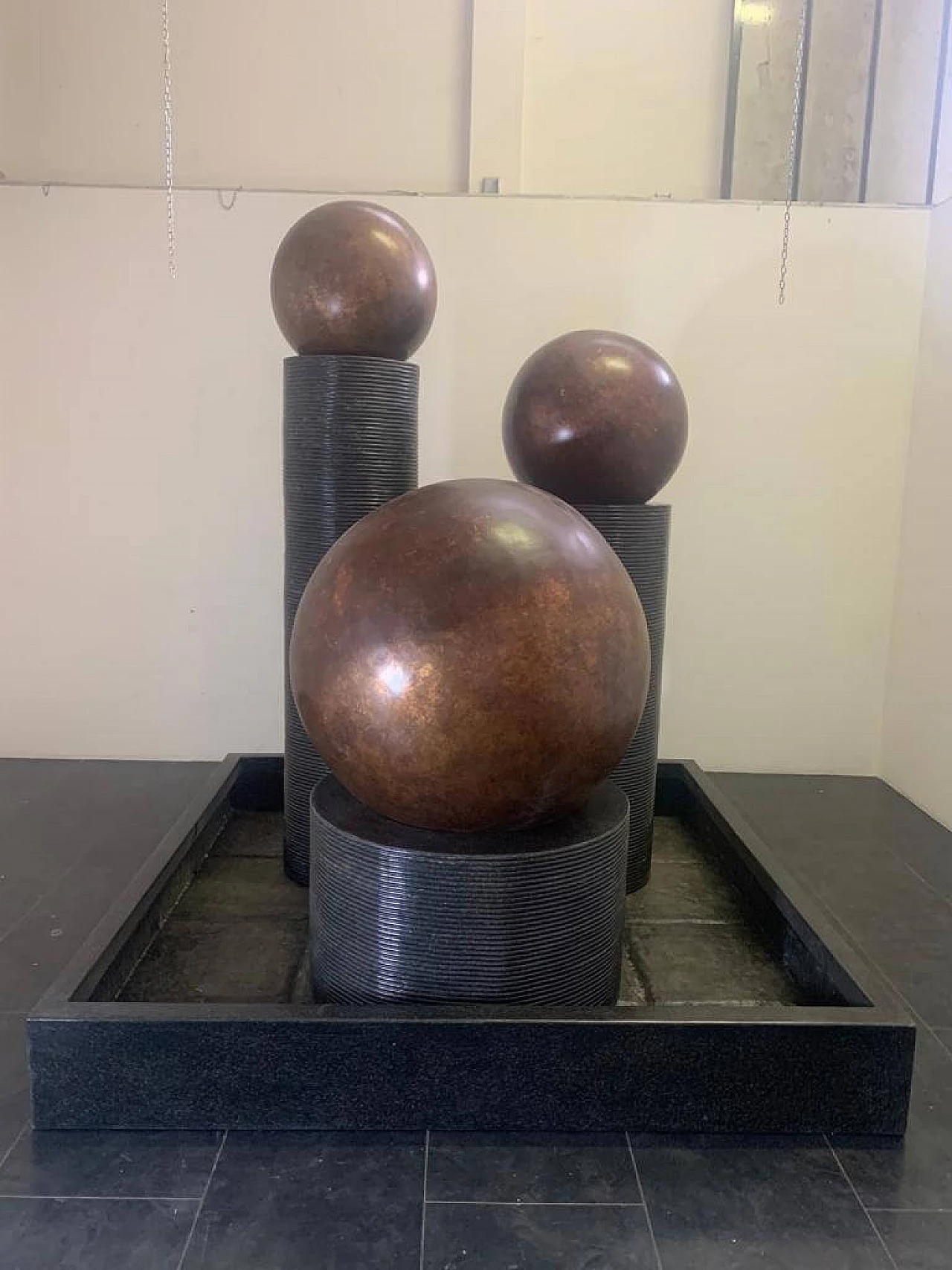 Fibreglass fountain with rotating copper spheres by Ravi Shing, 1990 6