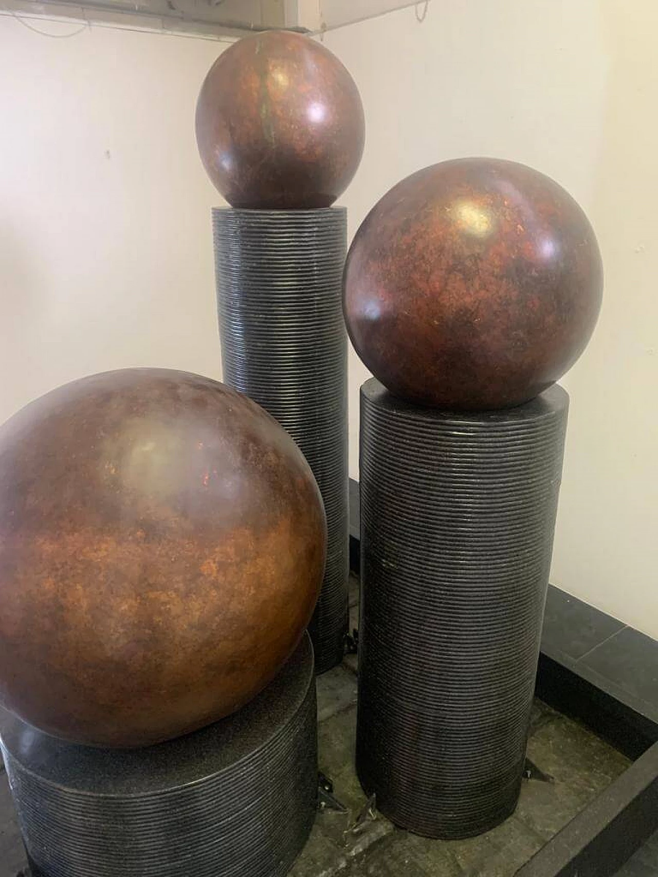 Fibreglass fountain with rotating copper spheres by Ravi Shing, 1990 10