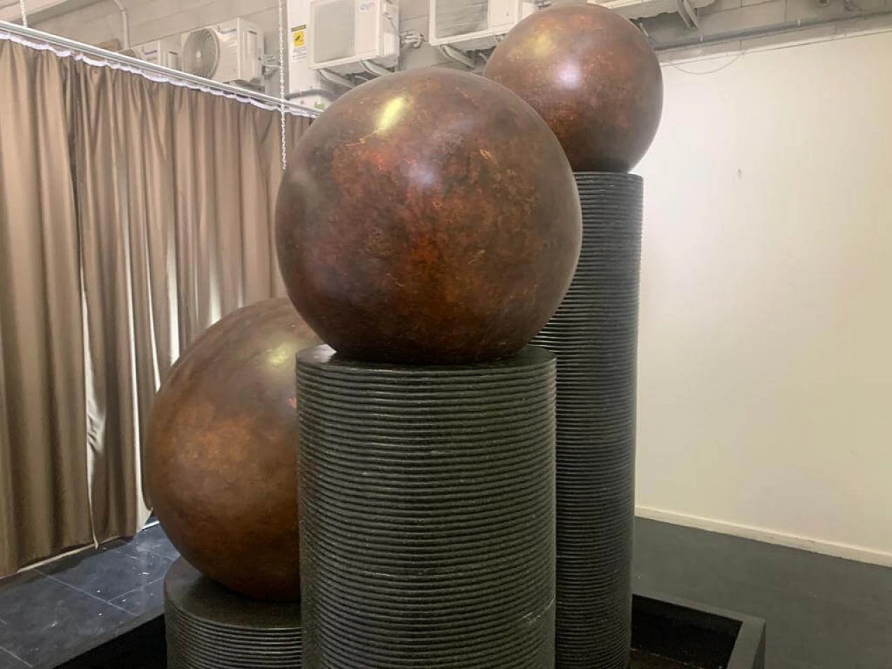Fibreglass fountain with rotating copper spheres by Ravi Shing, 1990 12