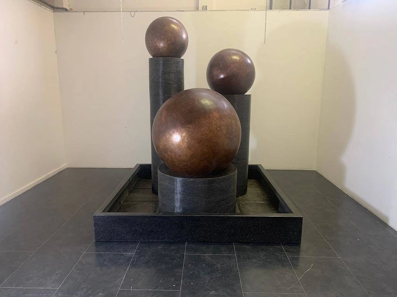 Fibreglass fountain with rotating copper spheres by Ravi Shing, 1990 15