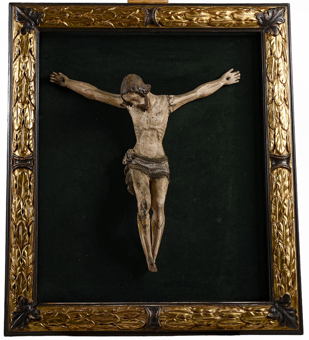 Carved painted wooden crucifix on frame, 17th century 10