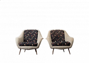 Pair of fabric and brass armchairs, 1950s