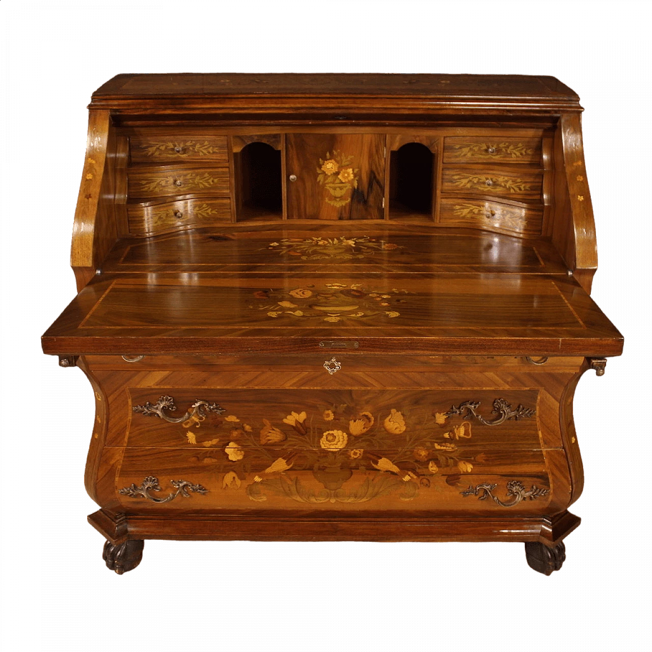 Cassettiera con scrittoio a ribalta stile Olandese in legno intarsiato 13