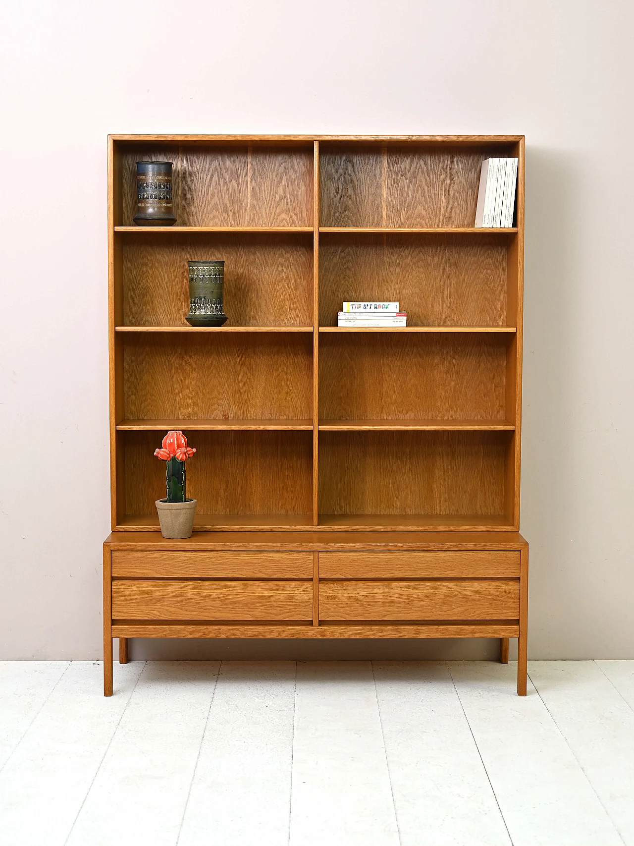Oak bookcase with shelves and drawers, 1960s 1