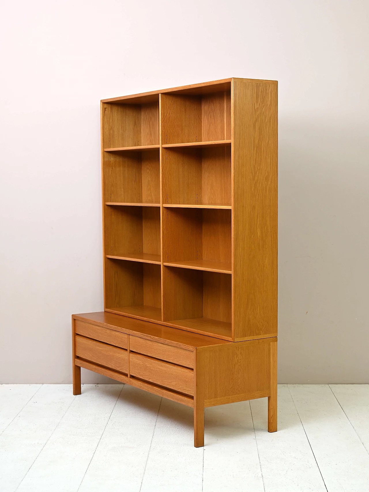 Oak bookcase with shelves and drawers, 1960s 8