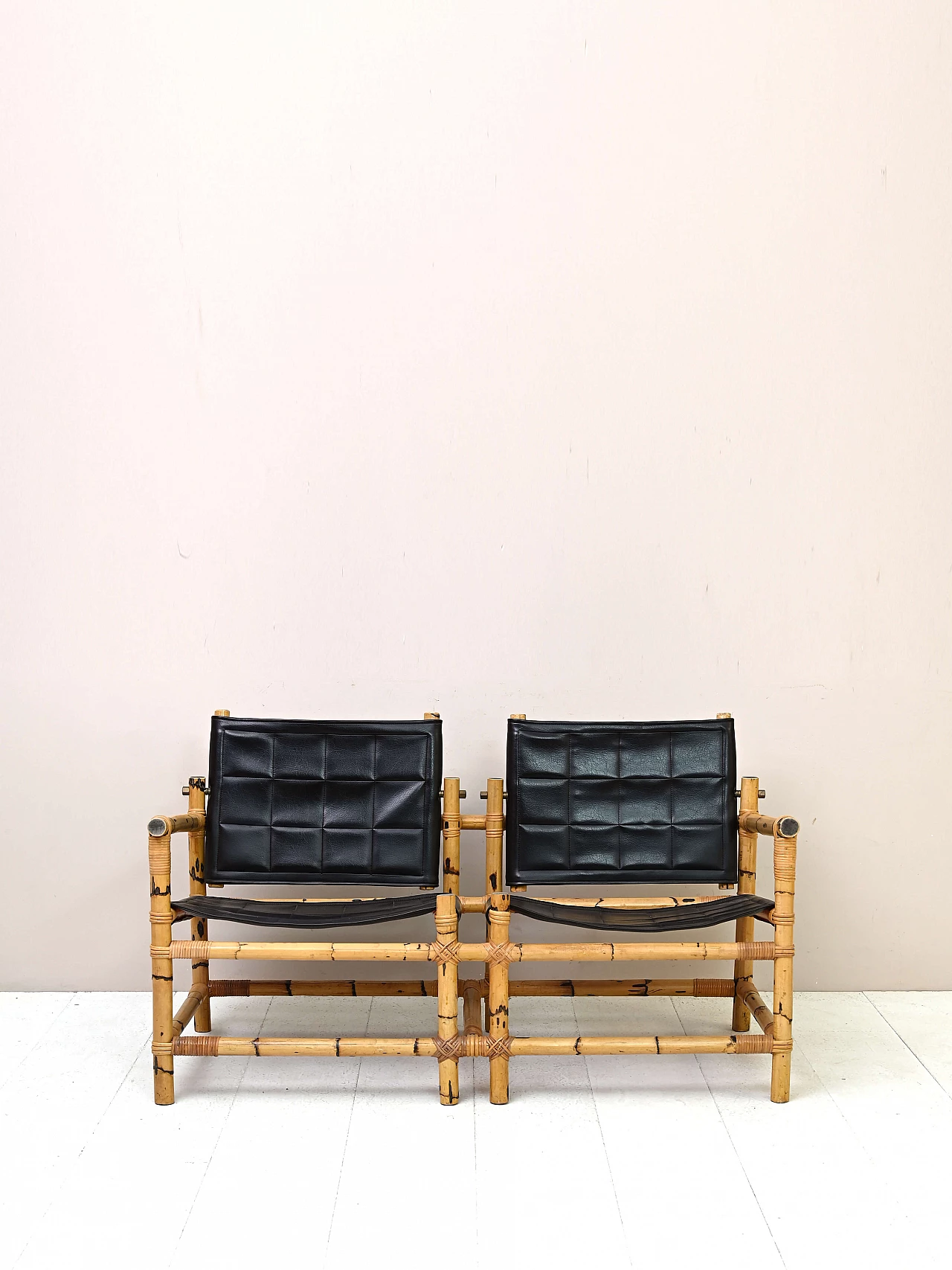 Black leather and bamboo 2-seater sofa, 1960s 1