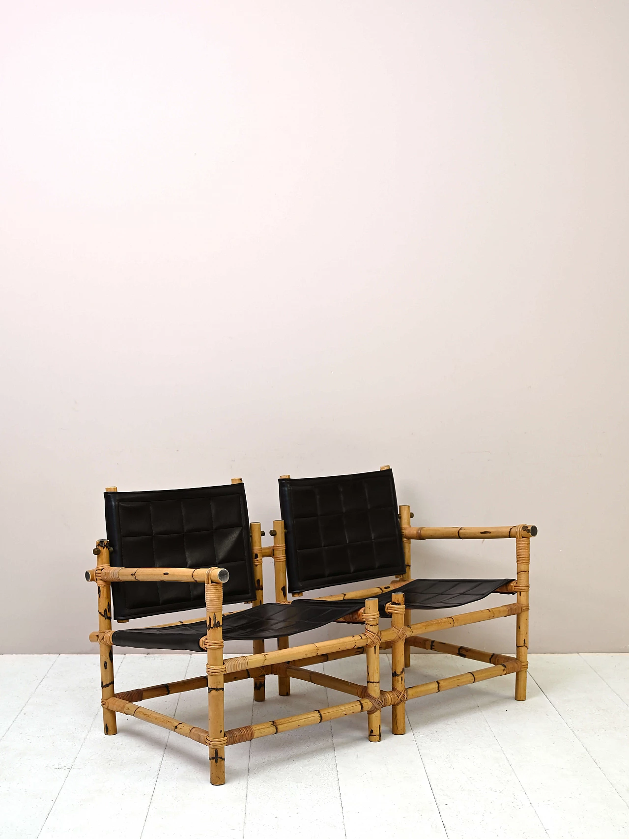 Black leather and bamboo 2-seater sofa, 1960s 2