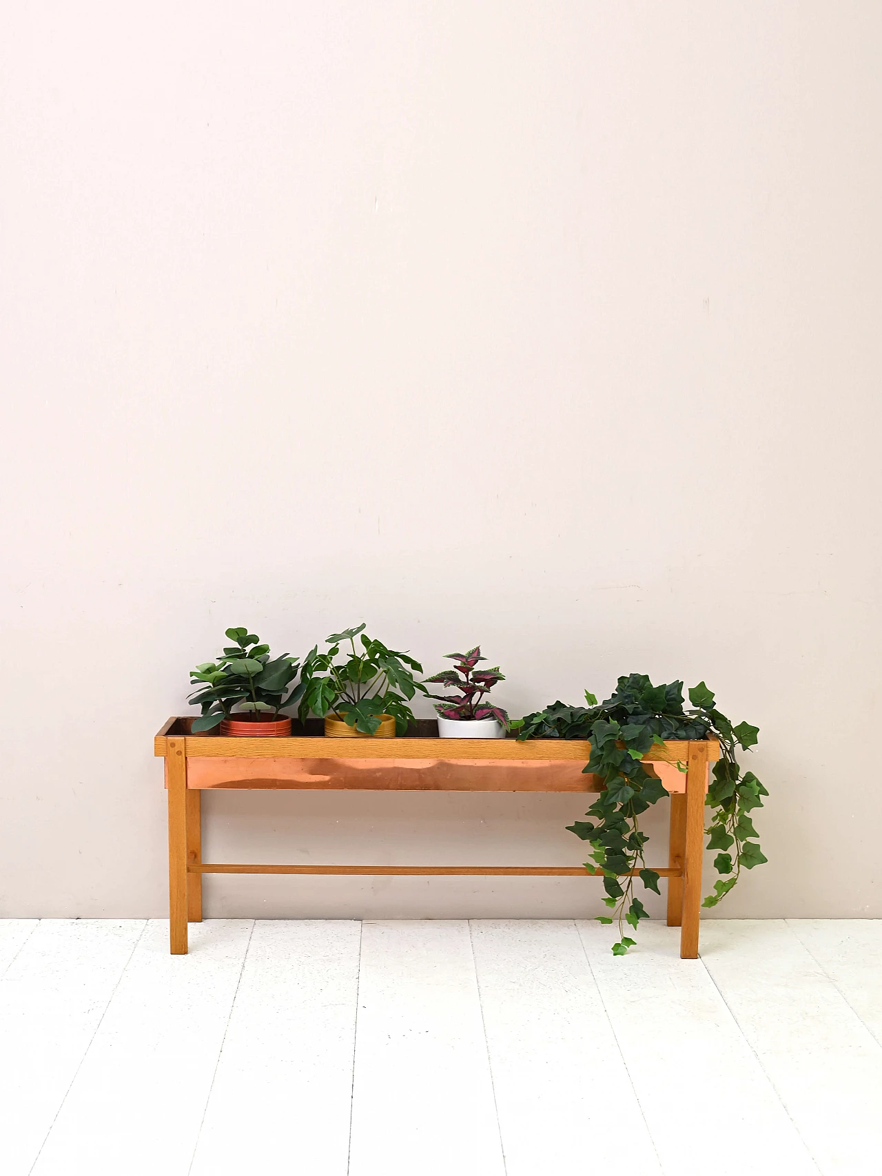 Planter with oak base and copper-plated metal frame, 1960s 1
