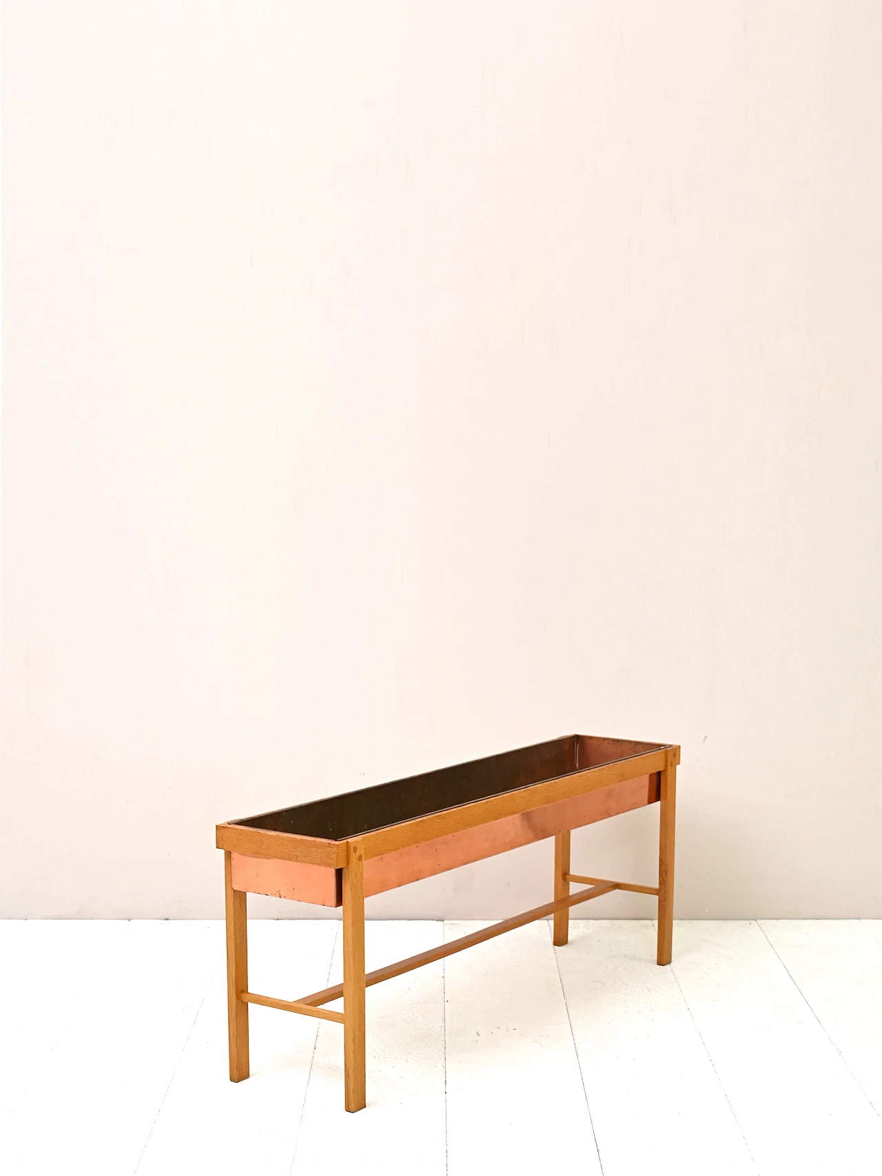 Planter with oak base and copper-plated metal frame, 1960s 3