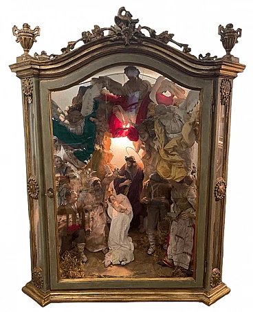 Teca presepiale in legno e vetro con figure in terracotta, '700