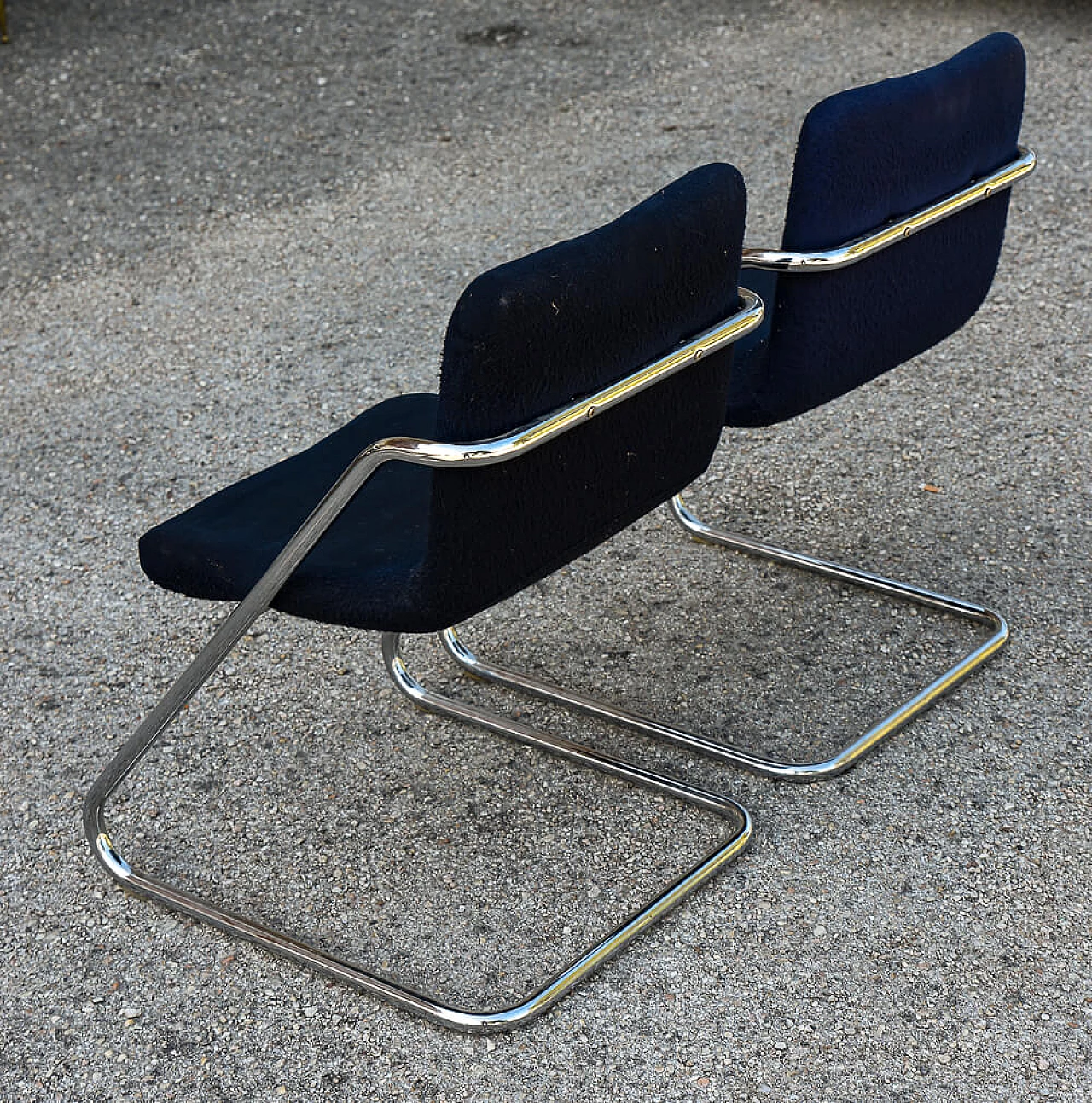 Pair of steel and blue velvet chairs, 1960s 3