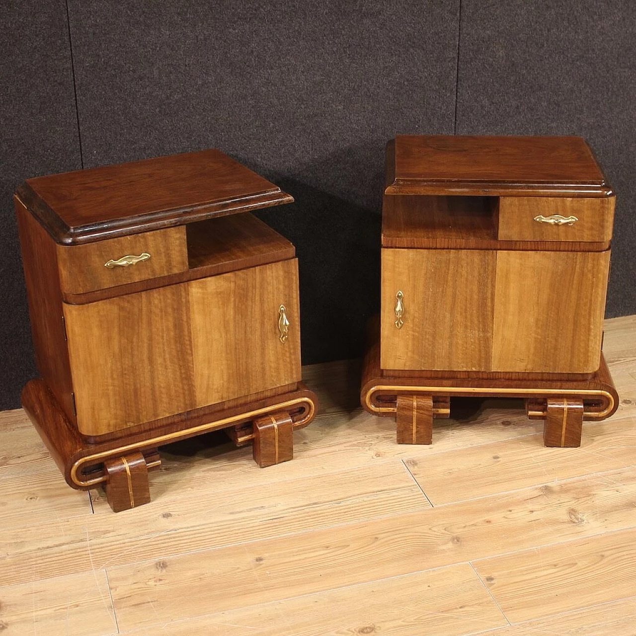 Pair of wooden bedside tables in Art Deco style, 1950s 1