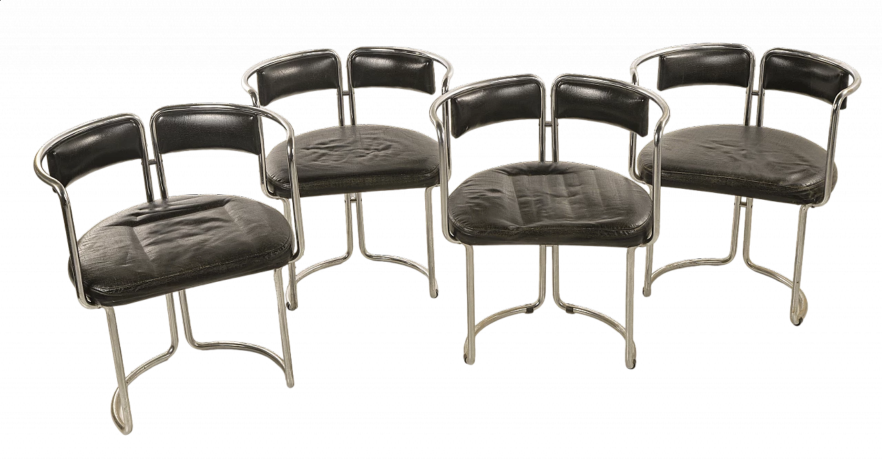 4 Sedie in acciaio e pelle nera in stile Panton, anni '60 9