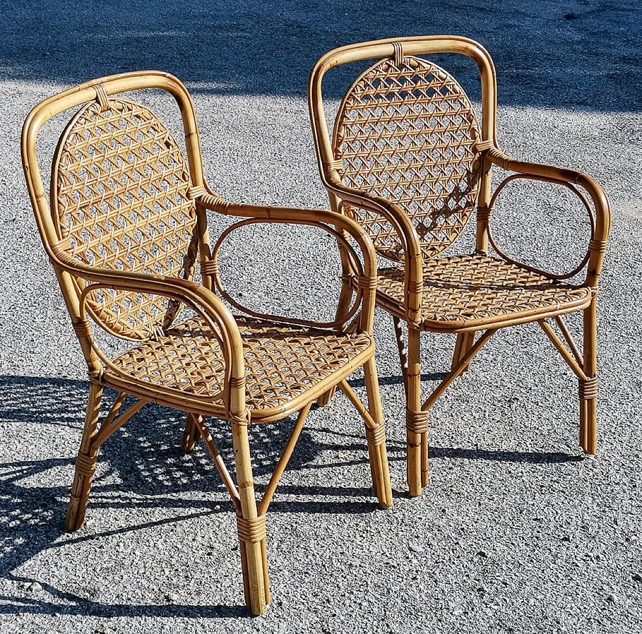 Pair of bamboo and woven rattan armchairs, 1970s 2