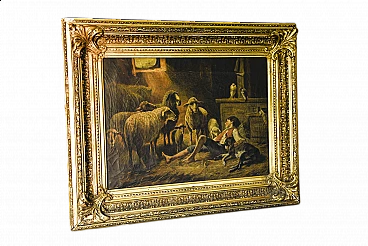 Gilbert, Scena in ovile con pastorello, olio su tela, fine '800